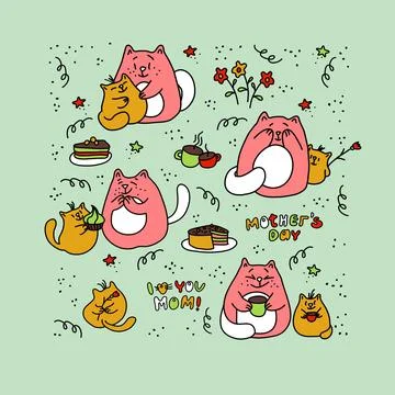 Cute cats. Flat hand drawn vector color characters Stock Illustration