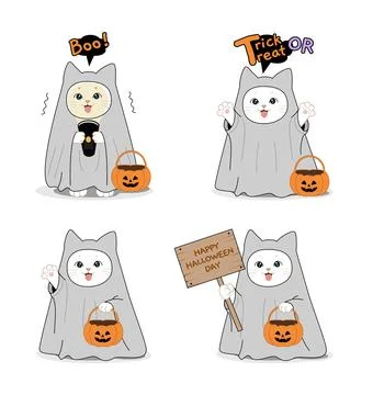Cute cats in ghost costumes set for Halloween illustration Stock Illustration