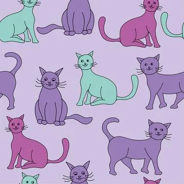 Cute Cats. Hand Drawing, Cat Seamless Vector Repeat Patterns イラスト素材