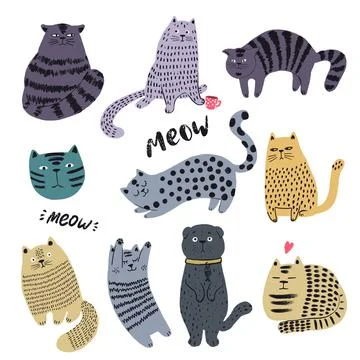 Cute cats hand drawn set. Funny kitten characters doodle illustration. Flat pets Stock Illustration