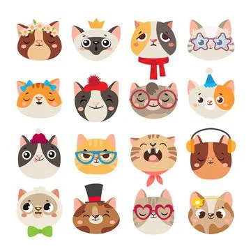 Cute cats heads. Cat muzzle, domestic kitty face wearing hat, scarf and col.. Stock Illustration