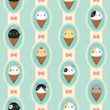 Cute cats in laced frames. Vector retro pattern polka dots and stripes. Stock Illustration