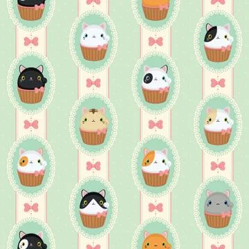 Cute cats in laced frames. Vector retro pattern polka dots and stripes. Illustrazione stock