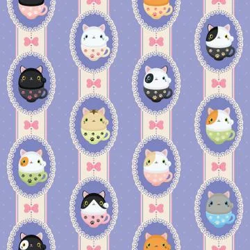 Cute cats in laced frames. Vector retro pattern polka dots and stripes. Illustrazione stock