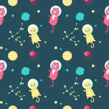 Cute cats in outer space vector seamless pattern Illustrazione stock