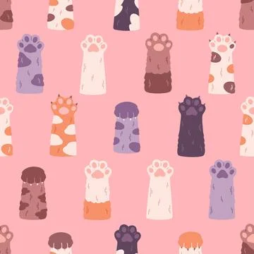 Cute cats paws seamless pattern. Different funny pet paws with claws Stock Illustration