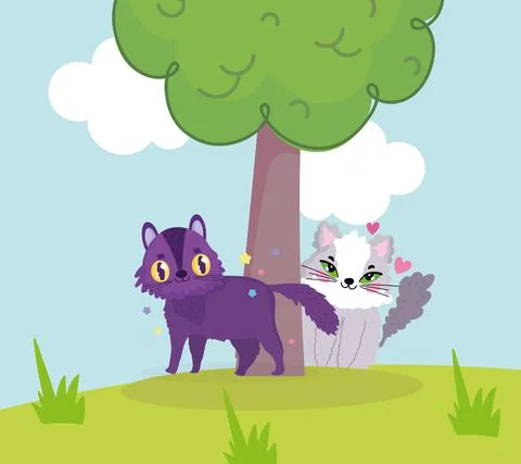 Cute cats playing tree grass cartoon scene Stock Illustration