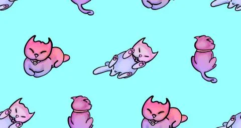 Cute cats in a seamless pattern on blue background Stockillustratie