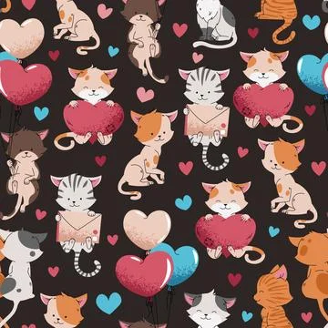 Cute Cats Seamless Pattern. Couple in Love, Animals with Flying Balloon, Gift Stock Illustration