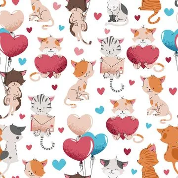 Cute Cats Seamless Pattern. Couple in Love, Animals with Flying Balloon, Gift Stock Illustration