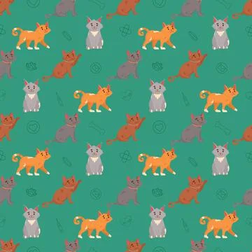 Cute cats seamless pattern. Flat vector illustration Stock Illustration