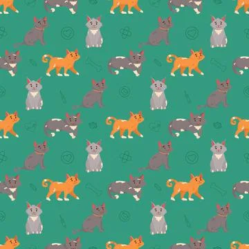 Cute cats seamless pattern. Flat vector illustration Illustrazione stock