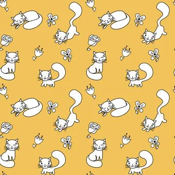 Cute cats seamless pattern with flowers vector illustration. Pets design for Stock Illustration