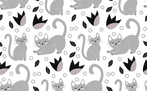 Cute cats seamless pattern. Kittens endless background, repeating texture Stock Illustration