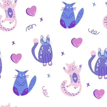 Cute Cats seamless pattern. Naive childish ornament with funny kitty. Perfect Stock Illustration