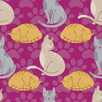 Cute cats seamless pattern on purple background with paw prints Stock Illustration
