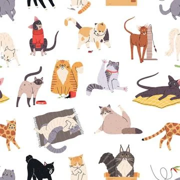 Cute cats seamless pattern. Repeated funny pets, different breeds and coat Stock Illustration