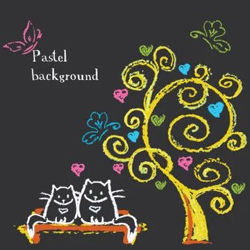Cute cats sit on a bench under a tree with hearts. Stock Illustration