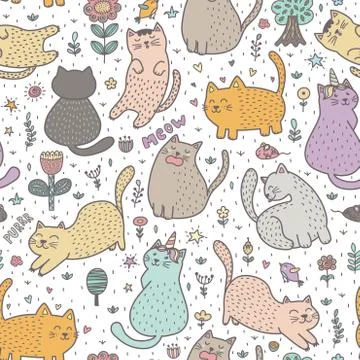 Cute cats in the summer seamless pattern Stock Illustration