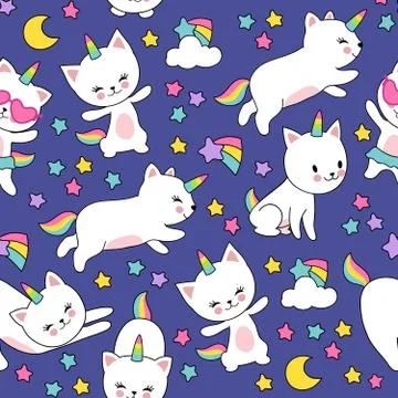 Cute cats unicorn vector seamless pattern for kids textile print Stock Illustration