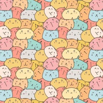 Cute Cats Vector Pattern Background. Fun Doodle. Handmade Vector Illustration. Stock Illustration