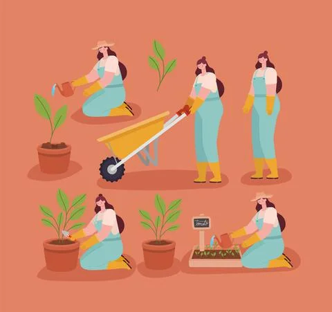 Cute caucasian planters Stock Illustration