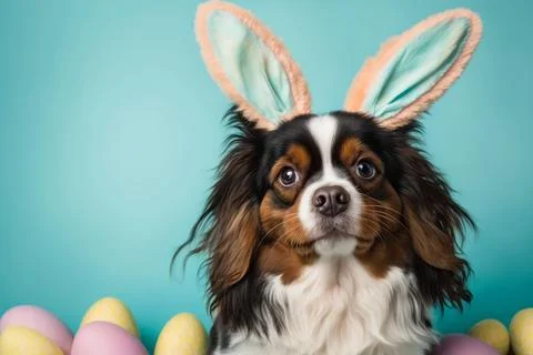 Cute cavalier king charles spaniel dog with bunny ears and easter eggs on blu Stock Illustration