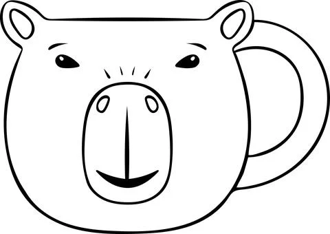 Cute ceramic mugs with capybara face, simple vector black and white icon, d.. Stock Illustration