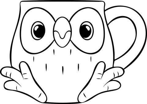 Cute ceramic mugs with owl image, simple black and white vector icon, doodl.. Stock Illustration