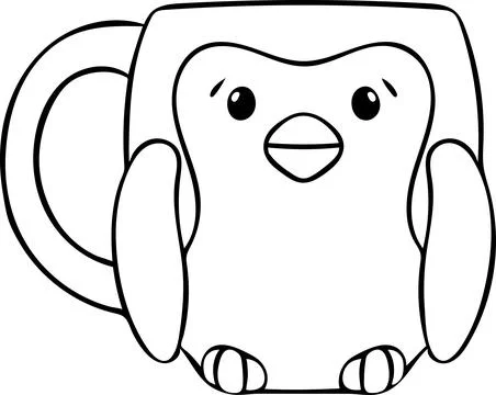 Cute ceramic mugs with penguin image, simple vector black and white icon, d.. 스톡 일러스트