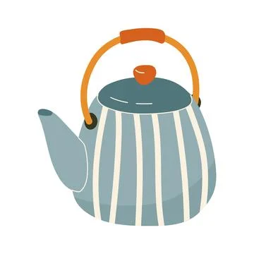 Cute ceramic teapot with blue and white stripes and wooden handle Illustration