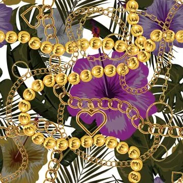 Cute chain texture seamless with tropical flower and leaf pattern. Flat and イラスト素材