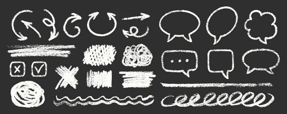 Cute Chalk Emphasis Squiggles Vector Set. Crayon Pencil Scribble Graffiti Arrows Stock Illustration