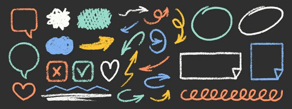 Cute Chalk Emphasis Squiggles Vector Set. Crayon Pencil Scribble Graffiti Arrows Stock Illustration