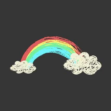 Cute chalk rainbow with clouds hand drawn on blackboard Stock Illustration