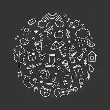 Cute chalkboard doodle with cloud, rainbow, sun, animal Stock Illustration