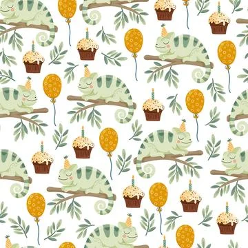 Cute Chameleon Birthday Seamless Pattern with Cupcakes and Balloons. Adorab.. Stock Illustration