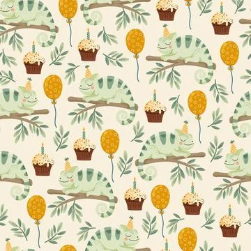 Cute Chameleon Birthday Seamless Pattern with Cupcakes and Balloons. Adorab.. Stock Illustration
