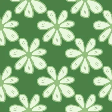 Cute chamomiles flowers seamless pattern on green background. Abstract daisie Stock Illustration