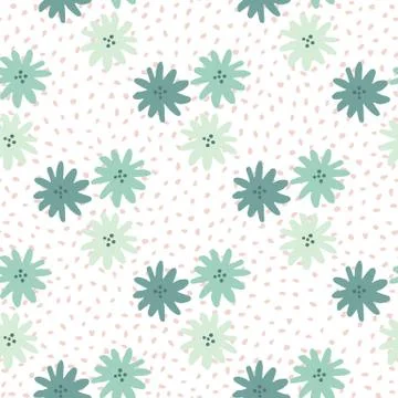 Cute chamomiles flowers seamless pattern on dots background. Doodle style. Pr Stock Illustration