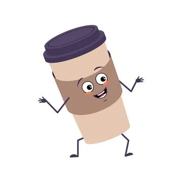 Cute character a cup of coffee with joy emotions, smiling face, happy eyes, arms Stock Illustration