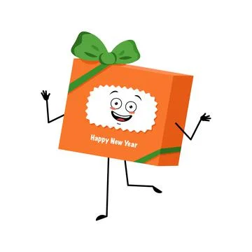 Cute character gift box for new year with bow and with joyful emotions Stock Illustration