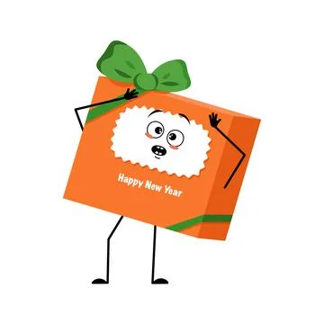 Cute character gift box for new year with bow and with emotions in a panic grabs Stock Illustration