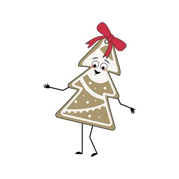 Cute character of gingerbread cookie in the shape of a Christmas tree cheerful Illustrazione stock