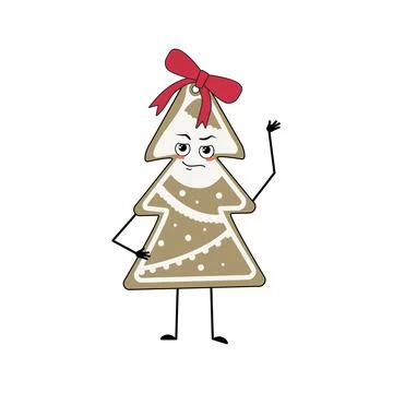 Cute character of gingerbread cookie in the shape of a Christmas tree with Stock Illustration