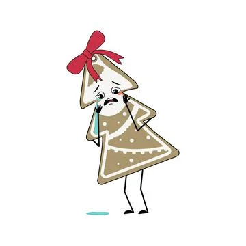 Cute character of gingerbread cookie in the shape of a Christmas tree with Stock Illustration