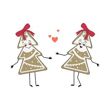 Cute character of gingerbread cookie in the shape of a Christmas tree with love Stock Illustration