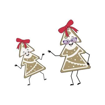 Cute character of gingerbread cookie in the shape of a Christmas tree cheerful Stock Illustration