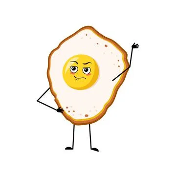 Cute character scrambled eggs with yolk and protein, with emotions of a hero, a Stock Illustration