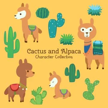 Cute character set of cactus and alpaca Illustrazione stock